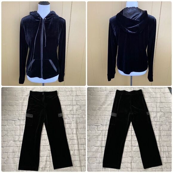 Willi Smith women L velour matching suit w/zip up jacket and cargo pants black - Picture 1 of 16
